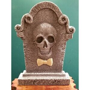 Vintage Halloween Graveyard Dapper Skull with Bowtie Tombstone Table Top Décor